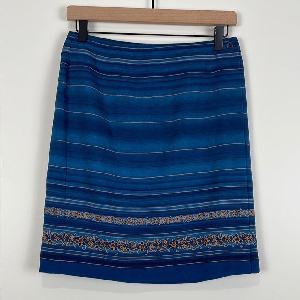 Worthington Women’s 10P Wrap Skirt Blue Stripe Floral Knee Length Office Work